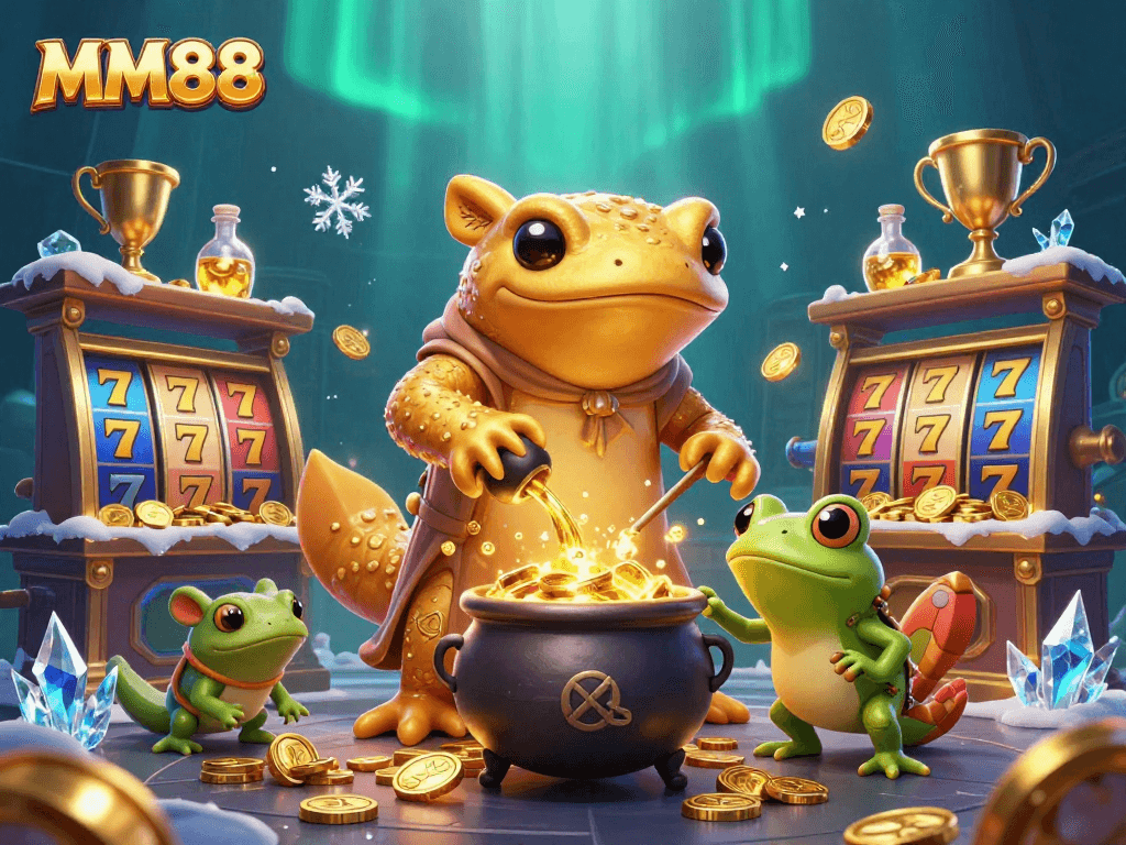 Experience the excitement of MM88 with a vibrant 3D illustration of thrilling casino elements and enchanting characters.