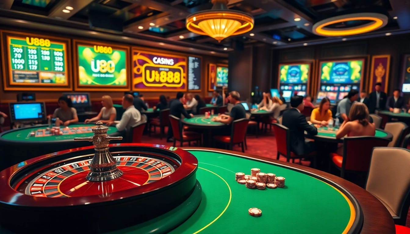 Experience the excitement of U888 casino with vibrant gaming tables and poker chips.