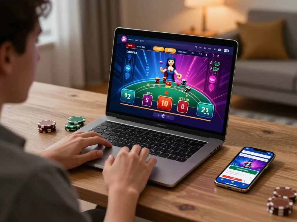 Player engaging with the god55vn blackjack game interface at home, showcasing an interactive gaming experience.