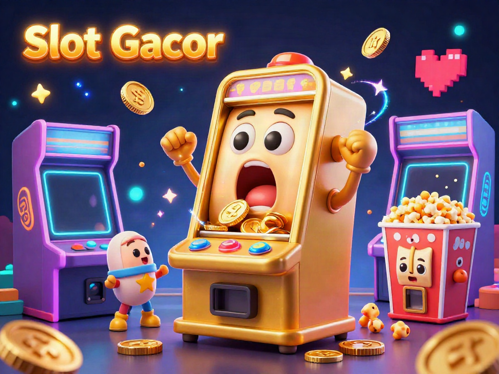 Experience the excitement of Slot Gacor as a golden slot machine hits a jackpot, surrounded by cheering baby machines and colorful game elements.