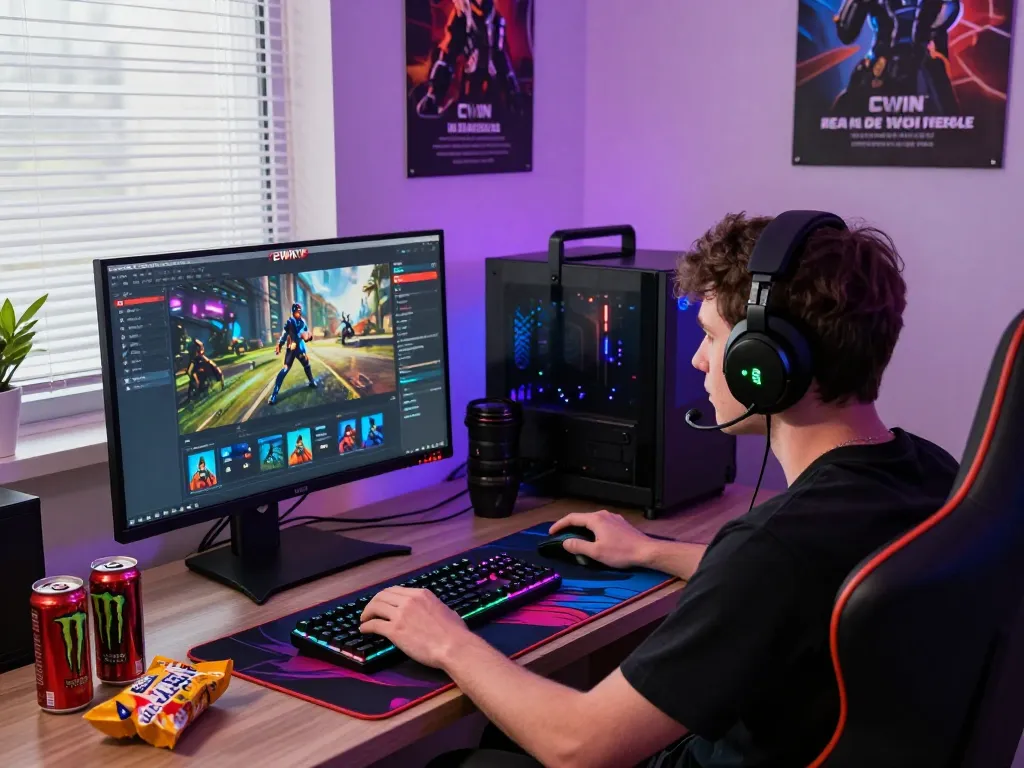 Dynamic gaming setup highlighting CWIN's online gaming interface, immersive and vibrant.