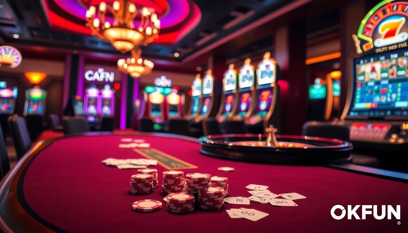 Exciting gambling action at OKFUN casino featuring poker tables and vibrant slot machines.