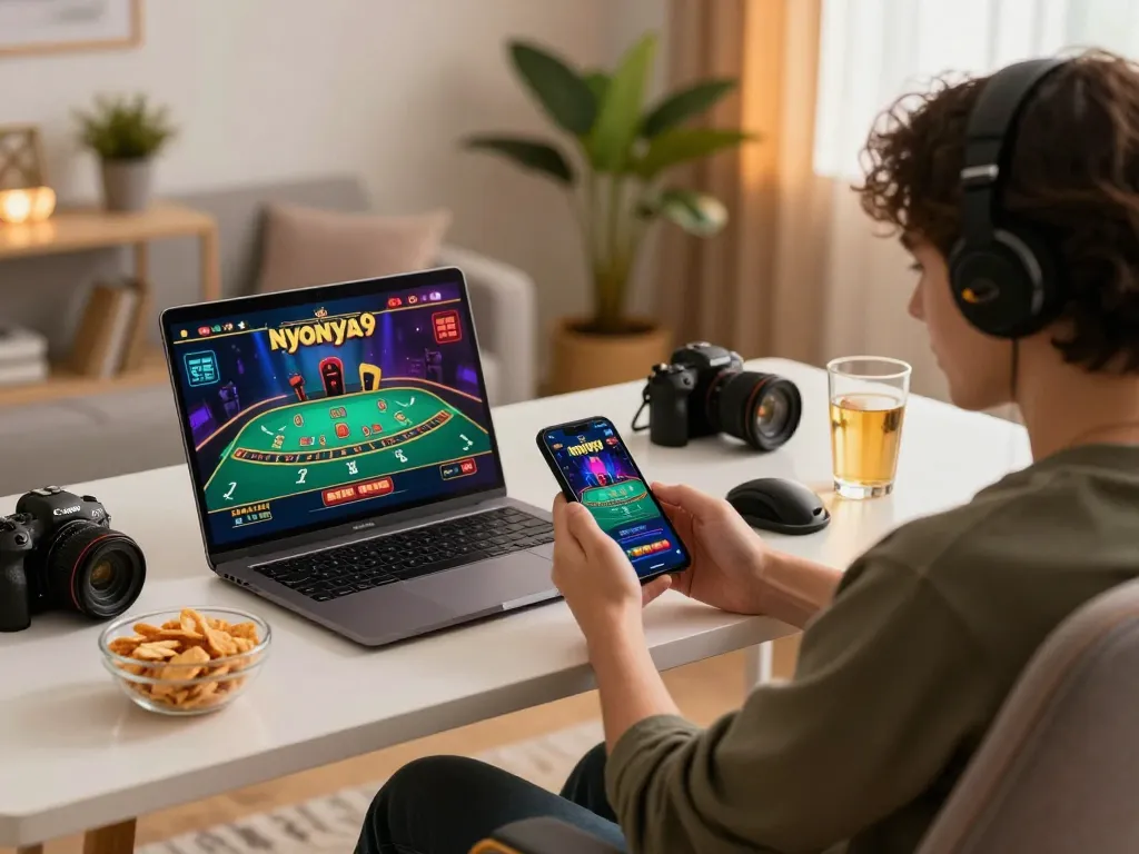 Nyonya9 player enjoying mobile gaming with vibrant setup and cozy atmosphere