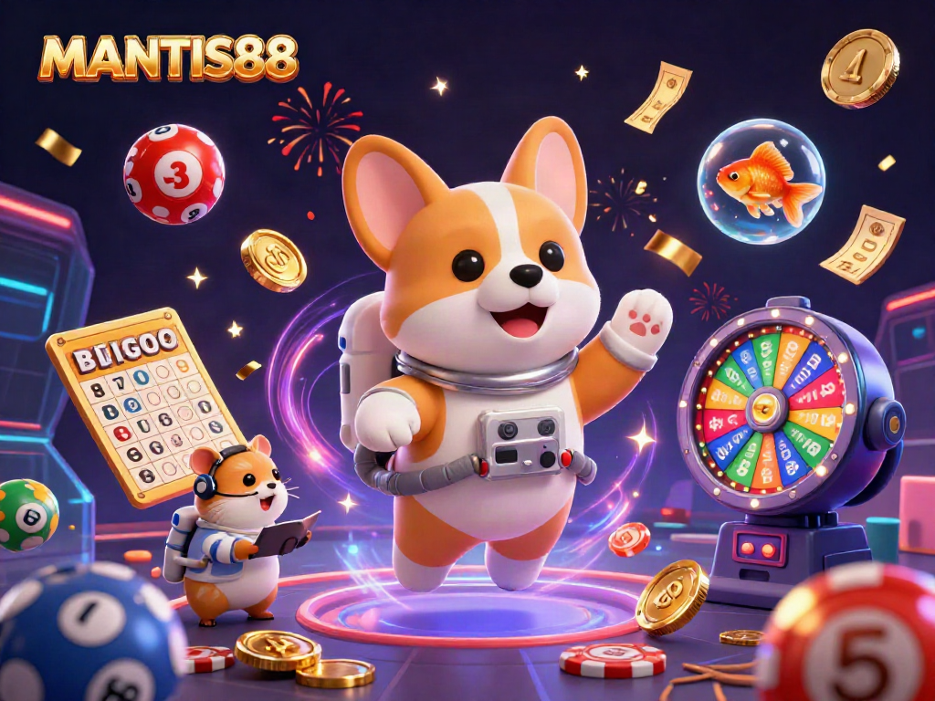 MANTIS88 brings gamblers excitement in a vibrant, zero-gravity casino scene with floating elements.