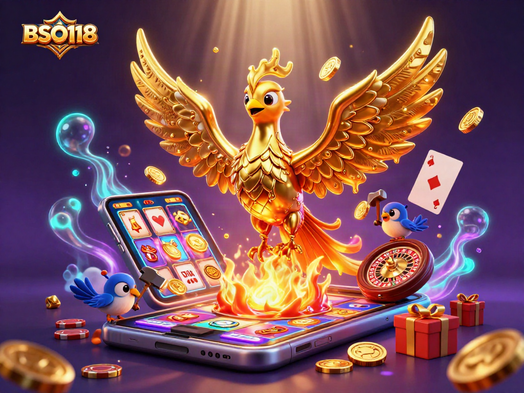 Experience thrilling gaming with BSO118 featuring a molten golden phoenix and vibrant slot game elements.
