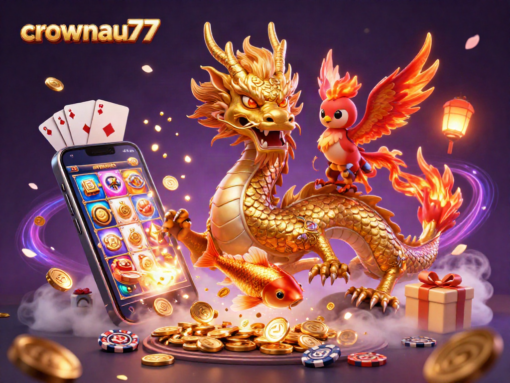 Play thrilling online pokies with crownau77 featuring a dragon and phoenix in a vibrant casino scene.