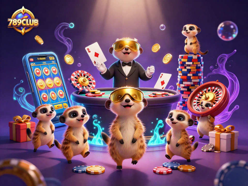 Engage with 789CLUB's vibrant casino scene featuring meerkats amidst gaming elements.