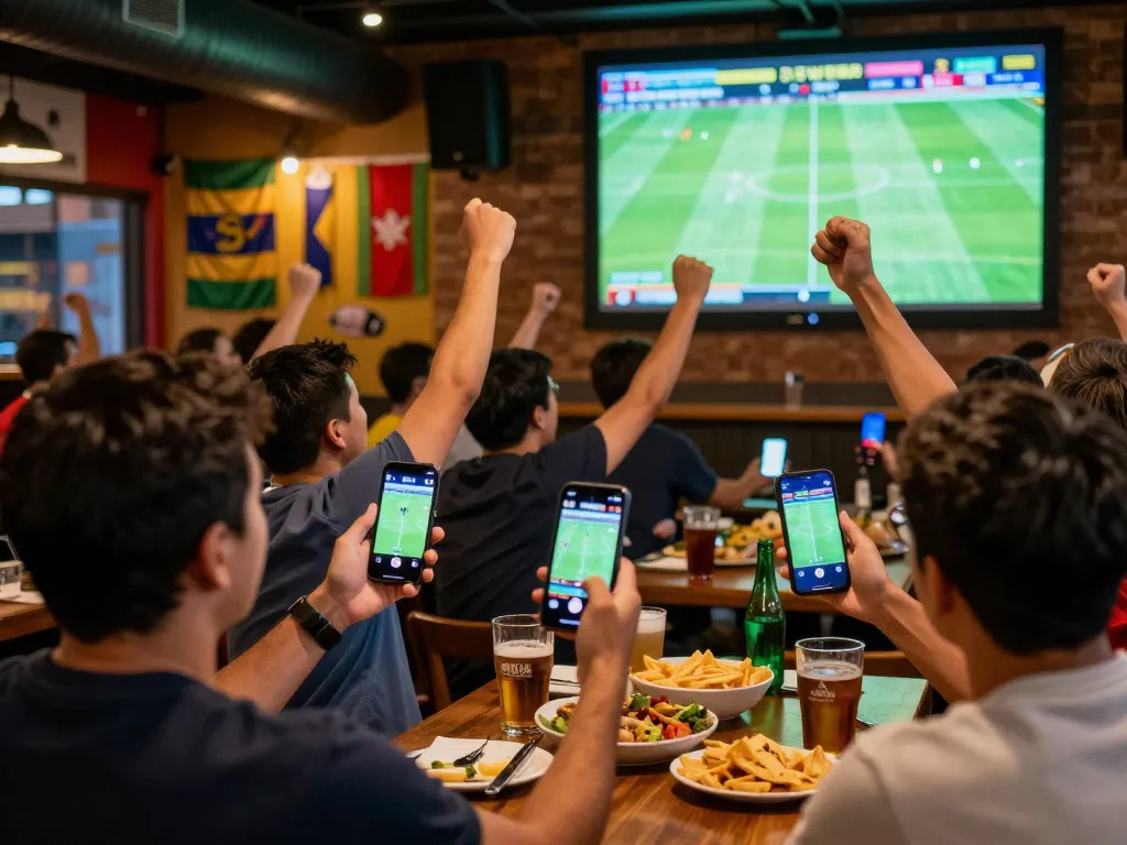 Fans engaged in sports betting using kèo nhà cái on smartphones while celebrating a live football match