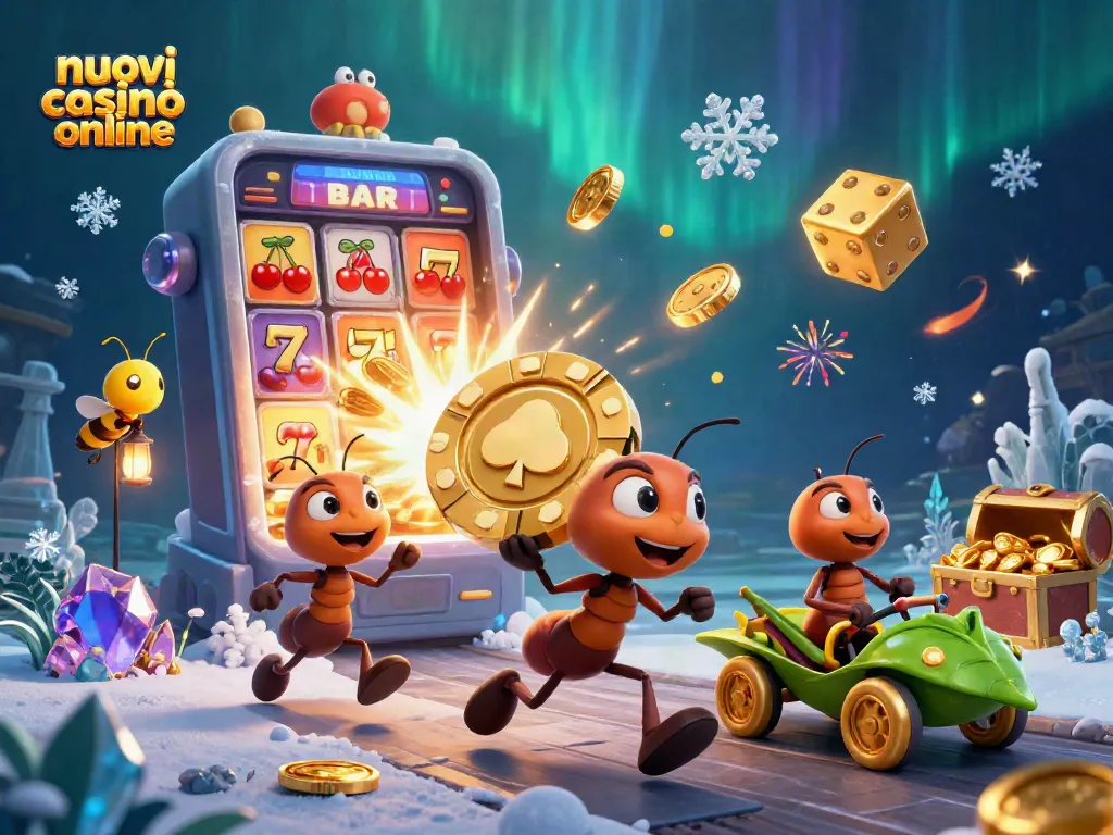 Scopri i nuovi casinò online in un'illustrazione vivace, con personaggi in azione e simboli di gioco!