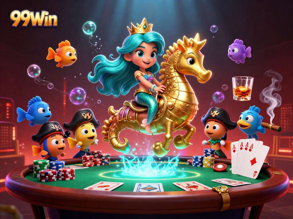 Join the excitement of 99Win with a vibrant underwater casino scene featuring a mermaid and poker elements.