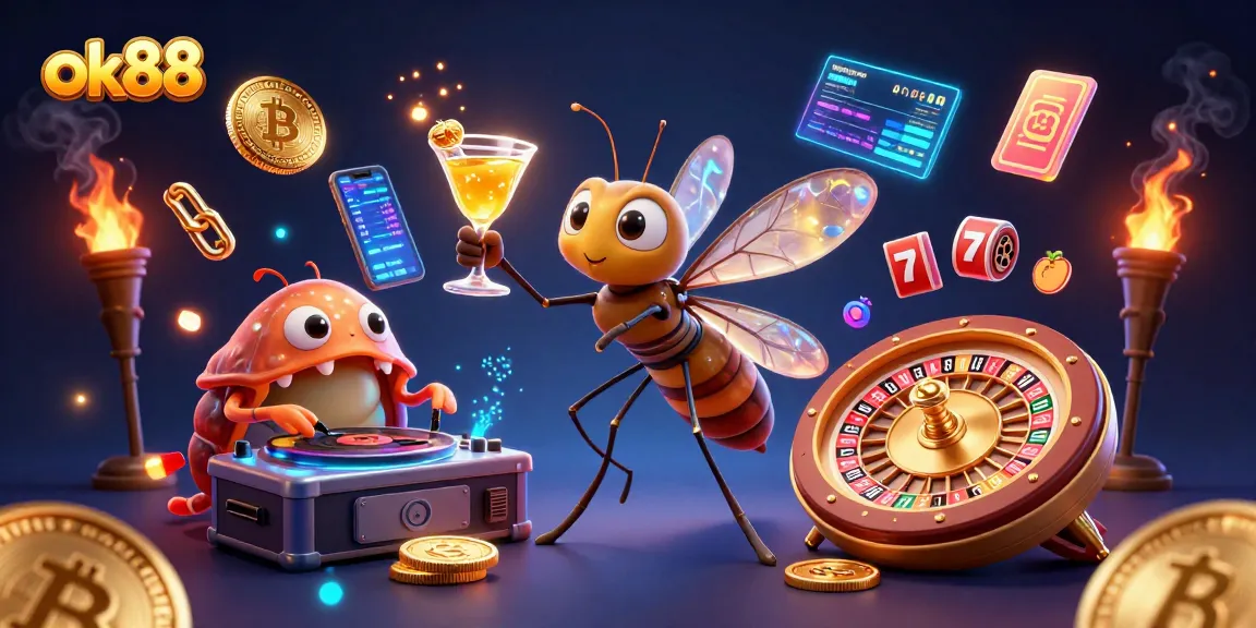 Experience ok88's vibrant gaming scene with a unique casino mascot and crypto-themed elements.