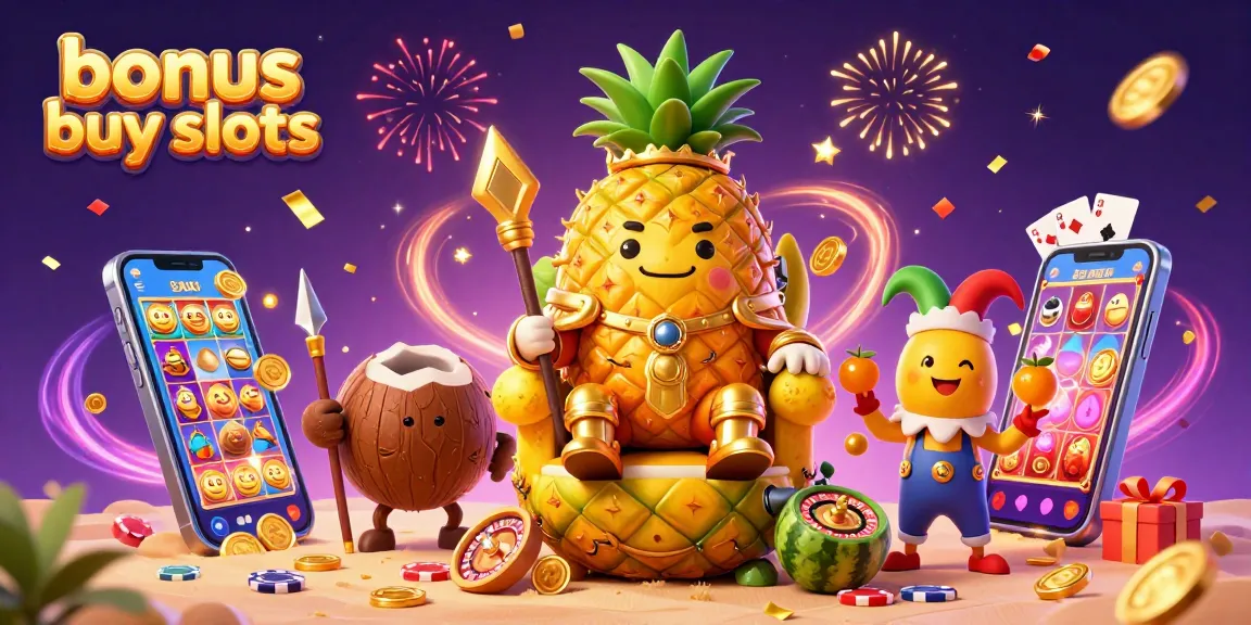 Experience excitement with bonus buy slots, featuring animated characters and vibrant casino elements.