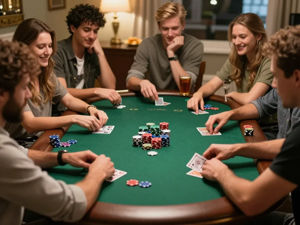 Nohu90 poker night with friends at home, showcasing vibrant chips and cards in action.