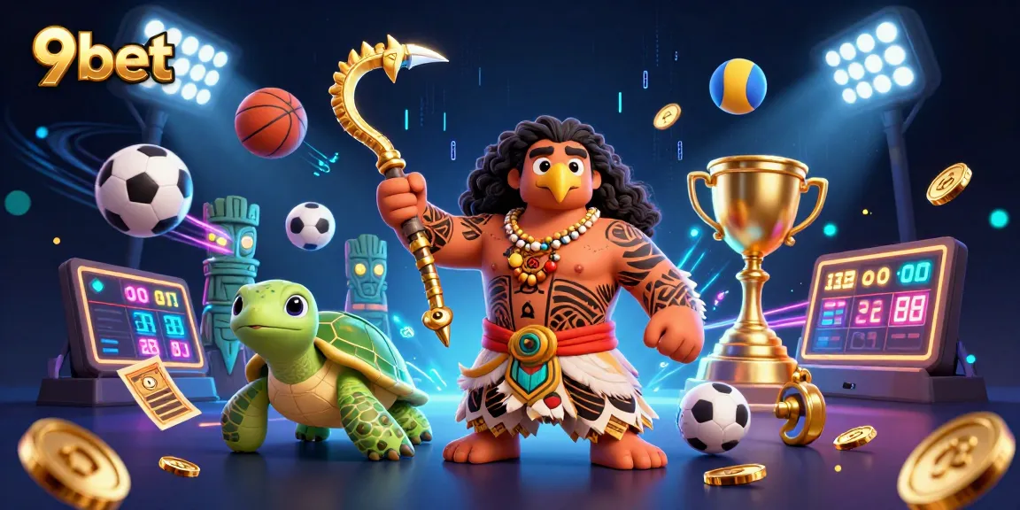9bet showcases thrilling sports betting features in a vibrant 3D illustration.