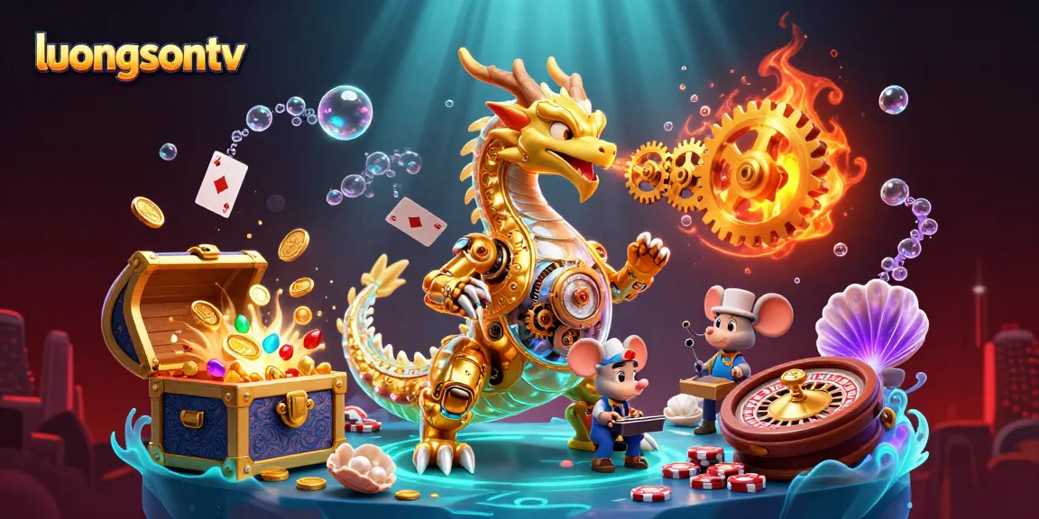 Experience thrilling games on luongsontv, featuring a lively dragon amid gold coins and gaming elements.