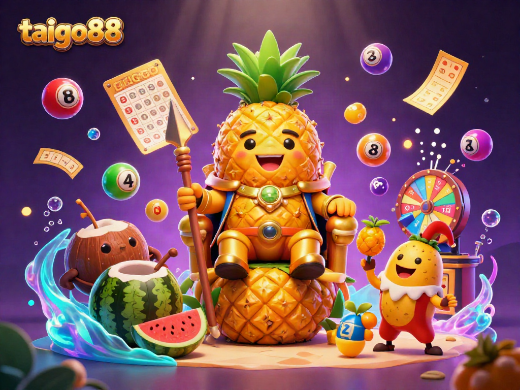 Engage in the vibrant world of taigo88 with a dynamic beach casino scene featuring the golden pineapple king, surrounded by lively gaming elements.