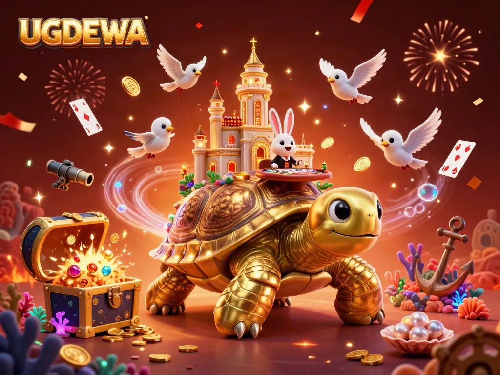 Experience the excitement of UGDEWA with a whimsical scene featuring a giant tortoise casino and a rabbit dealer amidst a flurry of golden coins.