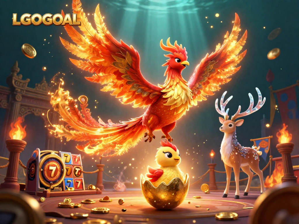 Spin and win with LGOGOAL's vibrant phoenix illustration showcasing engaging casino elements.