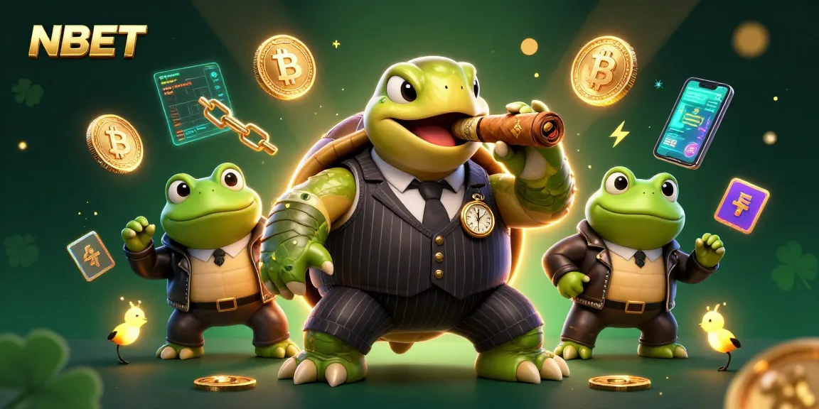 Experience the thrill of NBET casino with a vibrant 3D scene featuring a mobster turtle and crypto elements.
