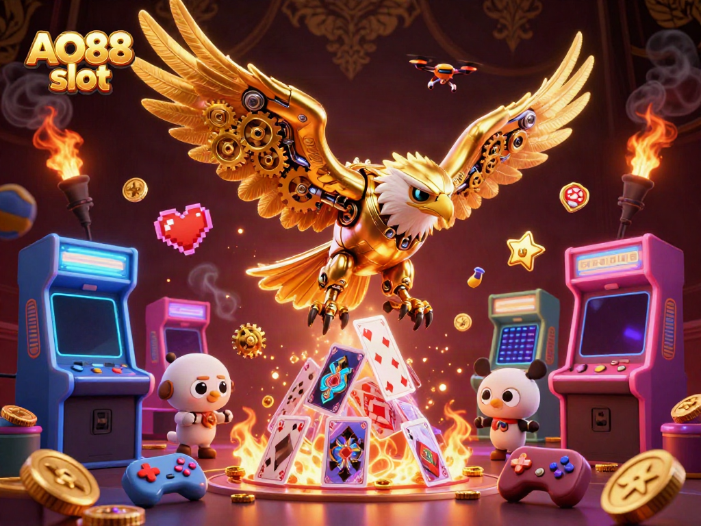 Experience the thrill of the AO88 slot with a vibrant casino illustration featuring a cybernetic eagle and arcade games.