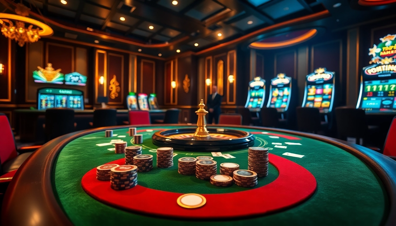 Engaging scene showcasing excitement at nhà cái cm88 poker game with chips and cards in a luxurious casino.