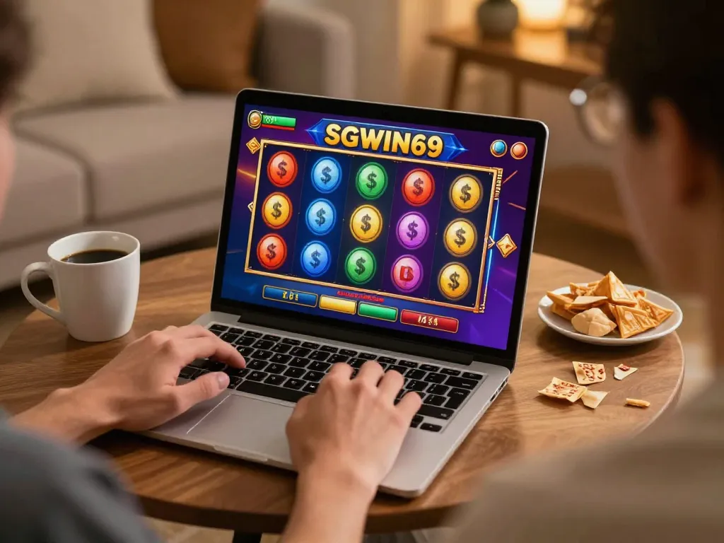 Engaging player enjoying SGWIN66 online slots in cozy home setup with vibrant screen display.