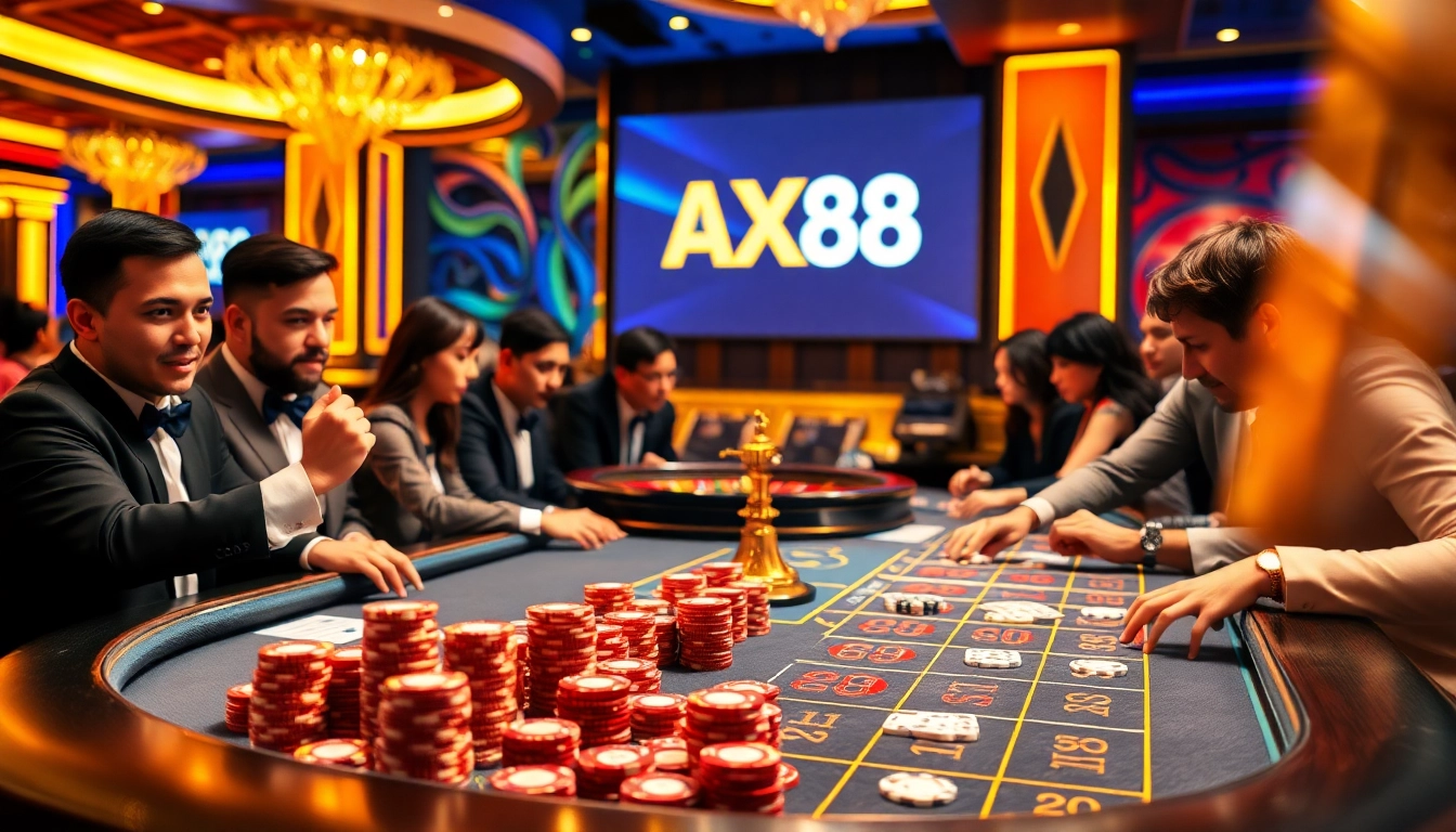 Gamblers enjoying a thrilling game at AXX88 casino, featuring vibrant tables and excitement.