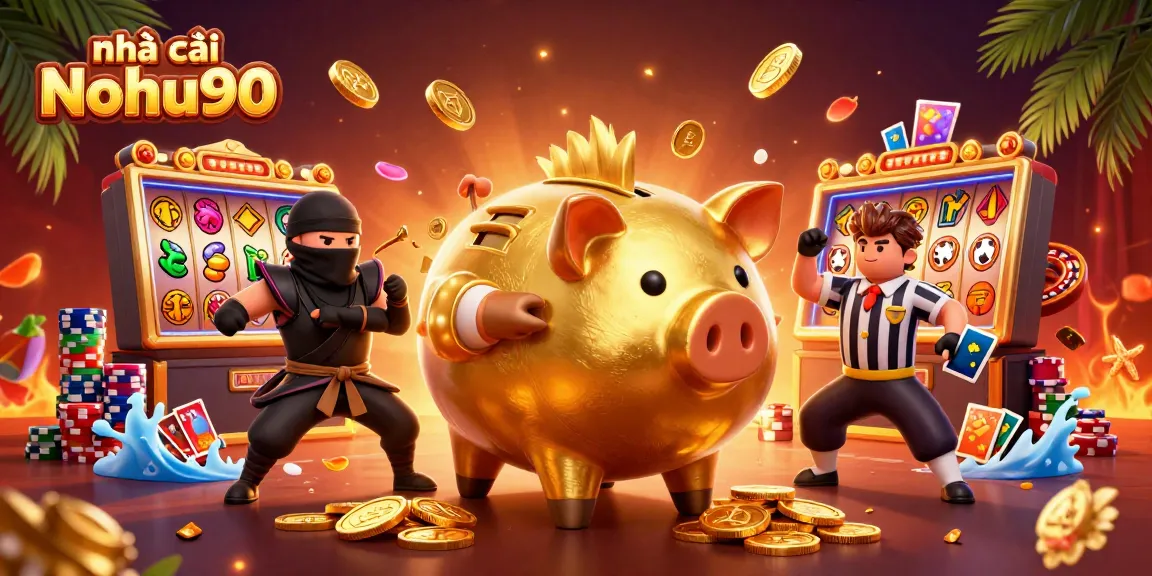 Experience jackpots with nhà cái Nohu90 in a vivid 3D illustration of gaming excitement.
