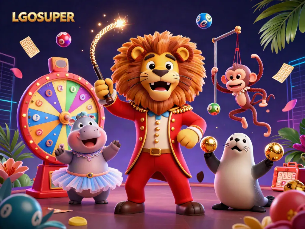 Engage with LGOSUPER's vibrant 3D illustration featuring a lion ringmaster, vibrant lottery elements, and dynamic characters in a casino-like atmosphere.