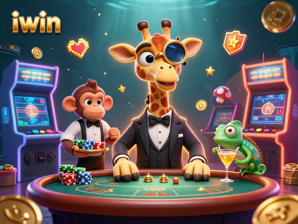 Enhance your gameplay with iwin's vibrant 3D casino illustration featuring unique characters and game elements.