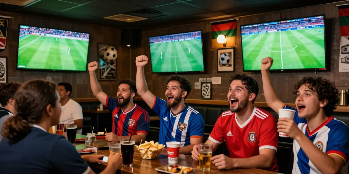 Fans watching live football at CakhiaTV sports bar, showcasing excitement and community.