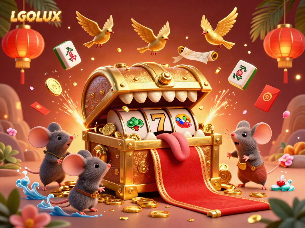 Engage with LGOLUX's exciting golden treasure chest scene attracting adventurer mice and dynamic casino elements.
