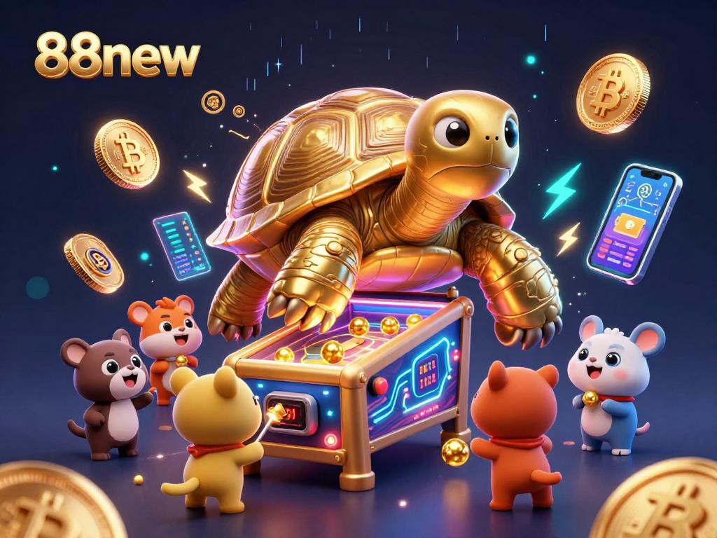 Engage with 88new's gaming excitement featuring a vibrant 3D cartoon scene of a colossal tortoise and small animals.