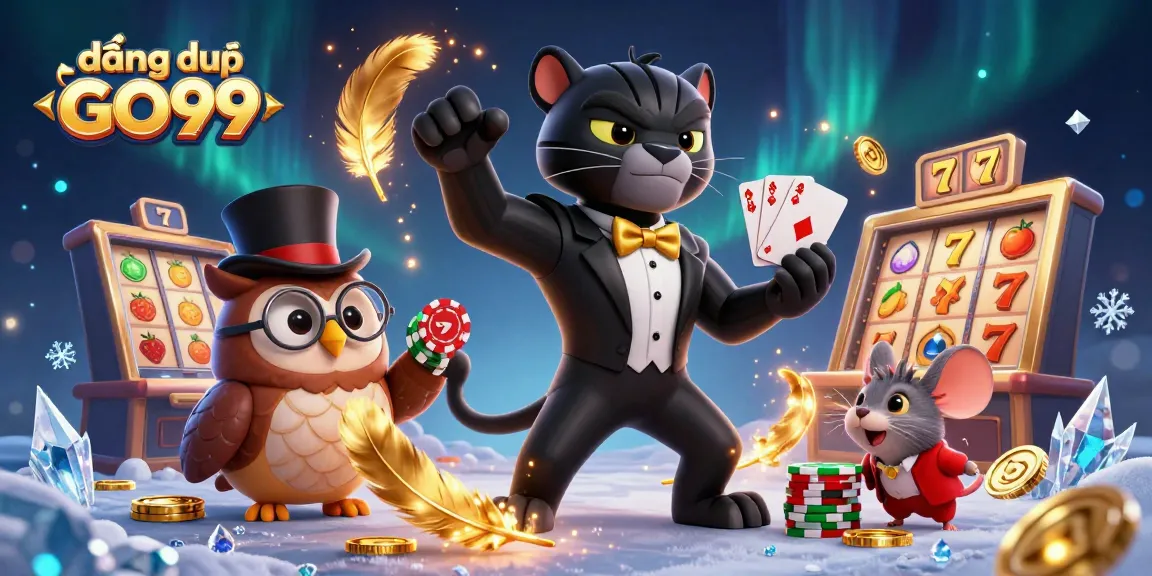 Engage with the action of đăng nhập GO99 at this vibrant casino illustration featuring the stylish black panther and friends.