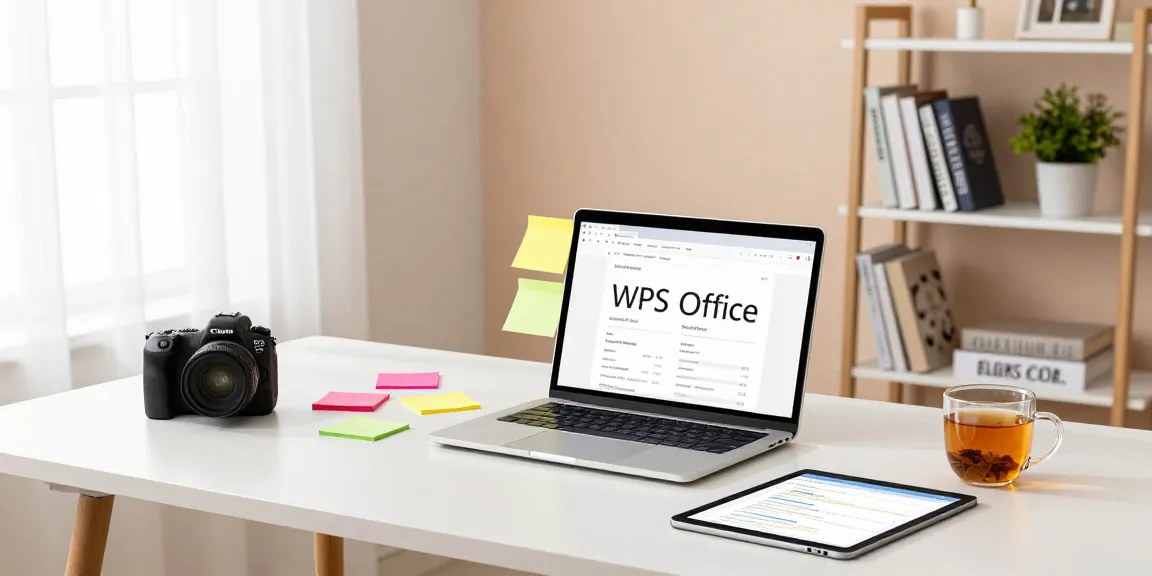 Download WPS Office from a modern home office scene, featuring a laptop and colorful sticky notes.