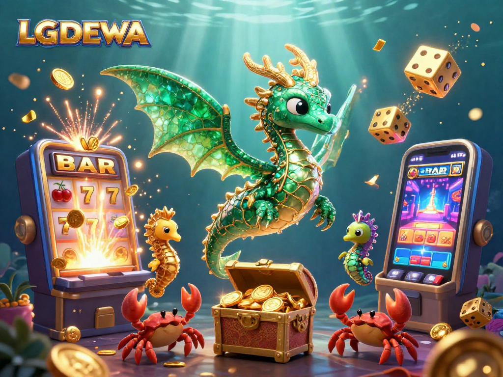 Experience thrilling gaming with LGODEWA's vibrant 3D casino illustration featuring a sea dragon and slot machines.