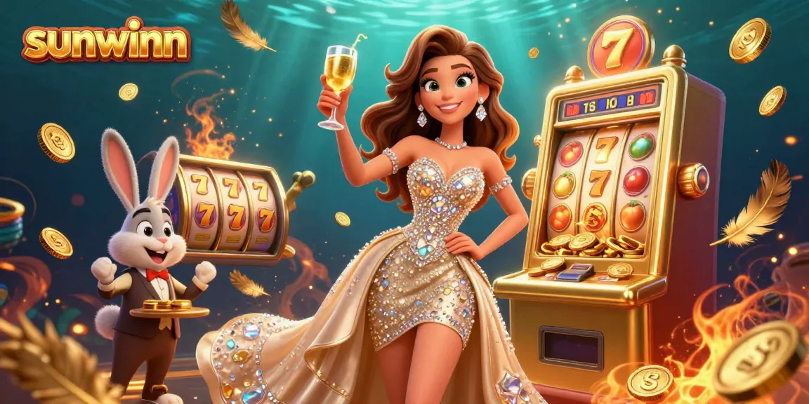 Join in on the excitement at Sunwinn with a glamorous casino scene featuring a jackpot slot machine.