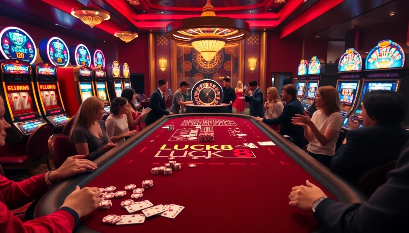LUCK8-themed gaming table with vibrant casino elements, including poker chips and roulette wheel.