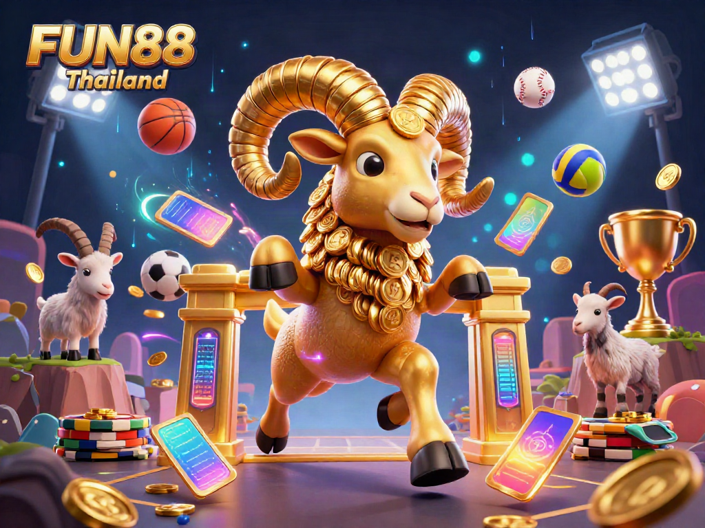 Engage in the excitement of FUN88 Thailand with sports and gambling elements in a vibrant 3D illustration.