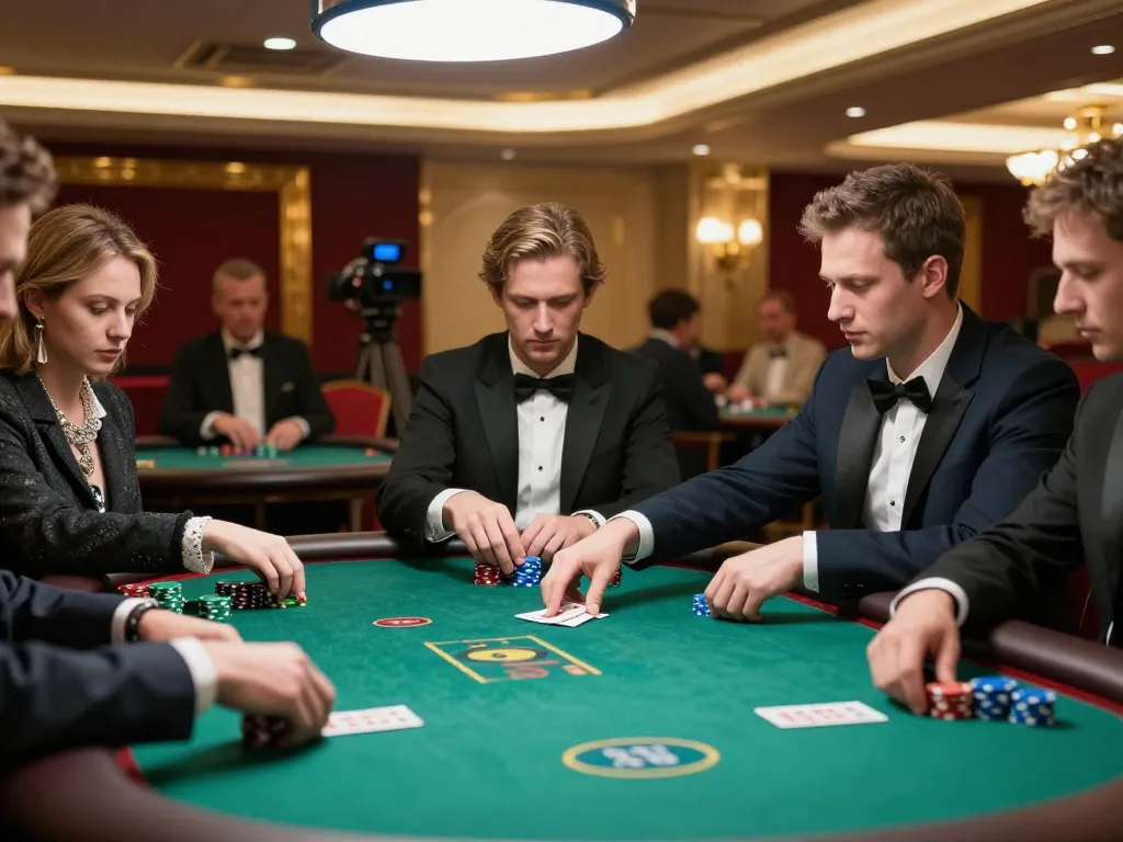 KJC Global poker players revealing their hands in a luxurious casino setting during a high-stakes game
