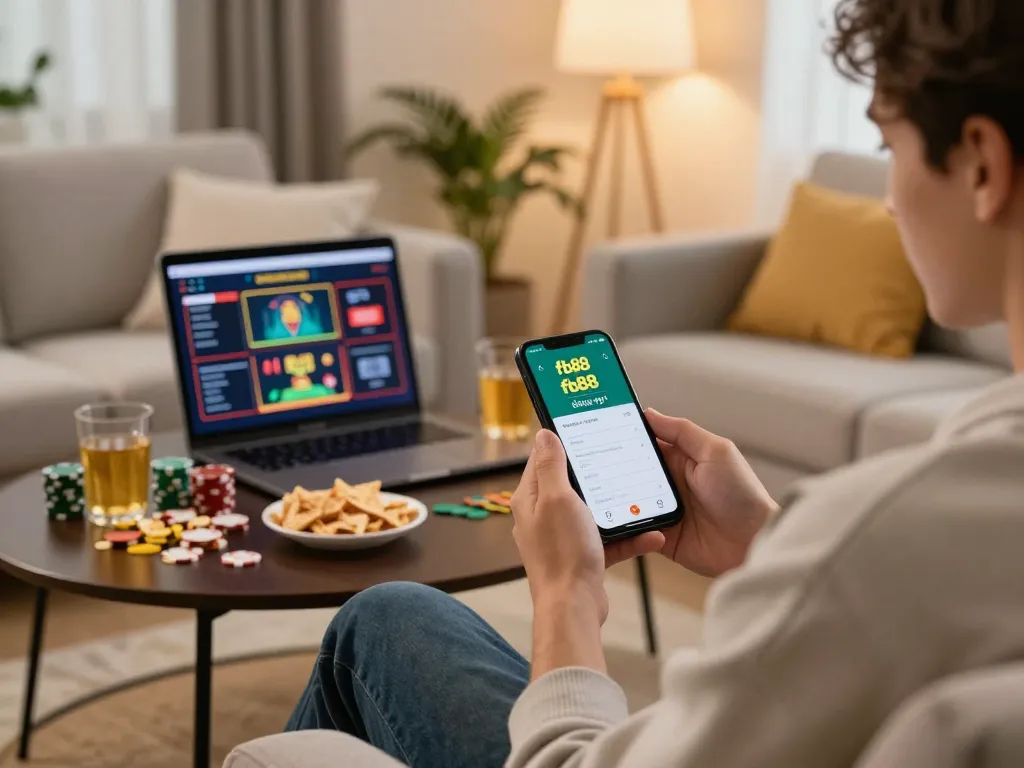 Engaging mobile gaming experience with fb88 đăng nhập on smartphone in cozy living room.