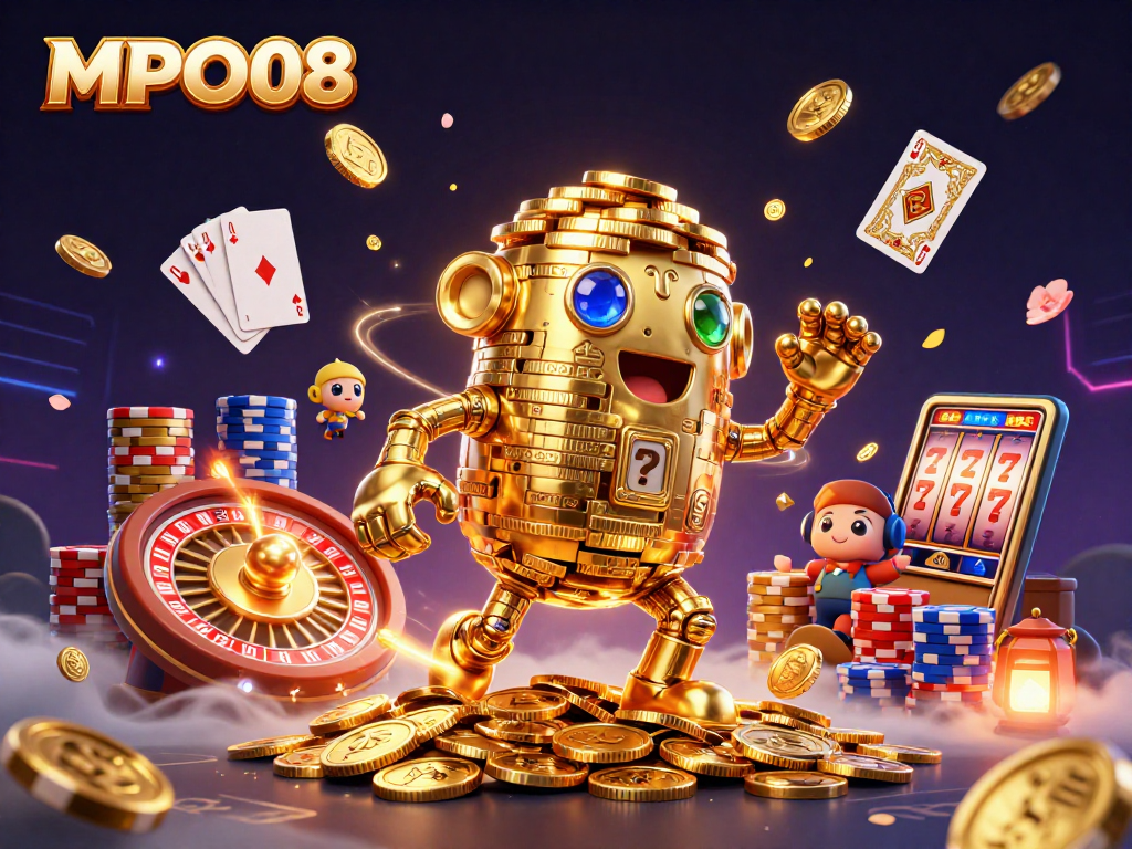 MPO08 delivers exhilarating play with a golden golem amidst vibrant gaming elements in a captivating scene.