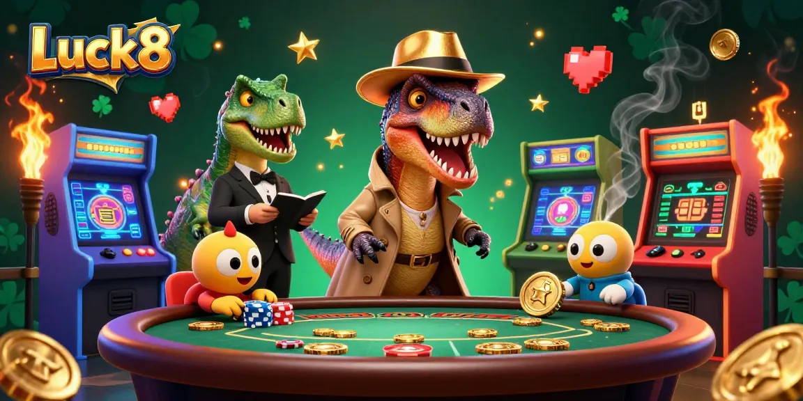 Luck8 velociraptor card counter conspires at a blackjack table amidst vibrant casino elements.
