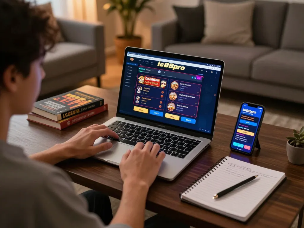 Engaged player using lc88pro online casino on a laptop, showcasing strategic gameplay.