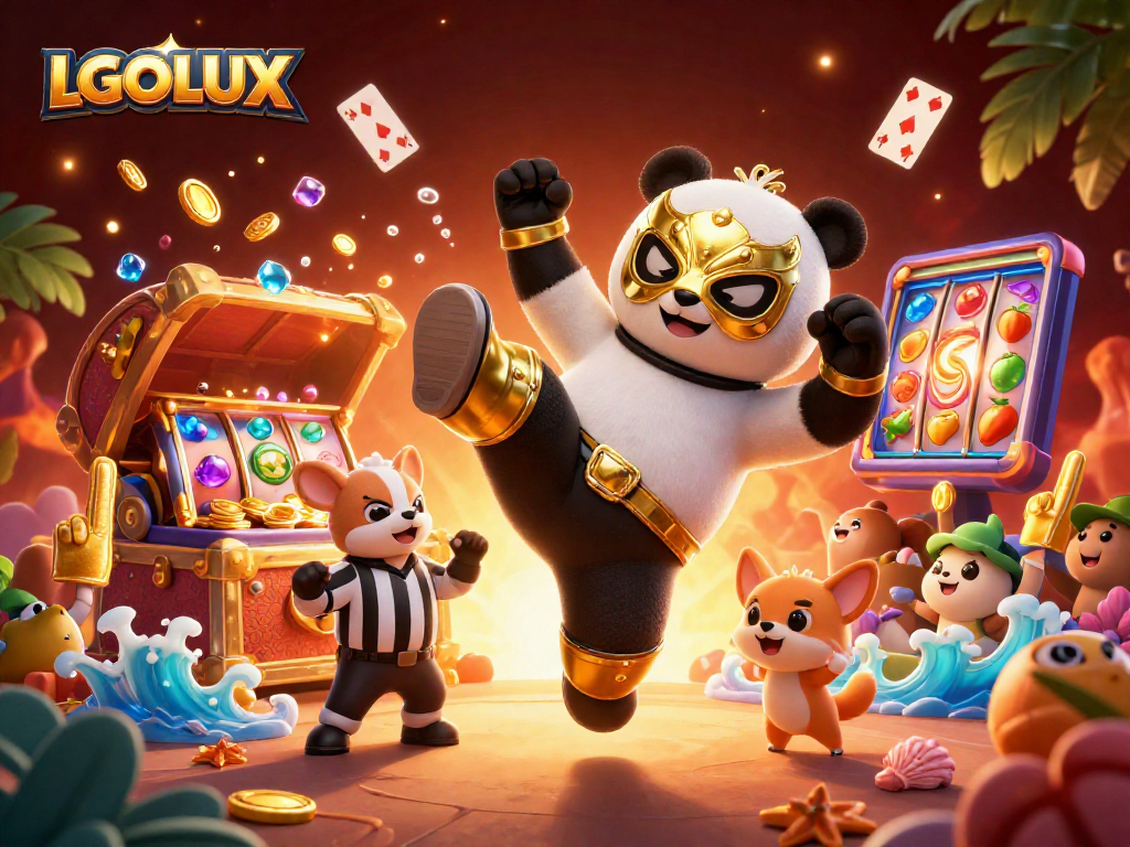 Experience excitement with LGOLUX as a panda wrestler and cheering fans celebrate a jackpot win.