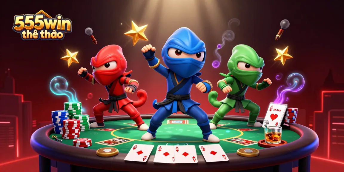 Engage in thrilling bets at 555win thể thao with dynamic chameleon ninjas in an action-packed poker scene.