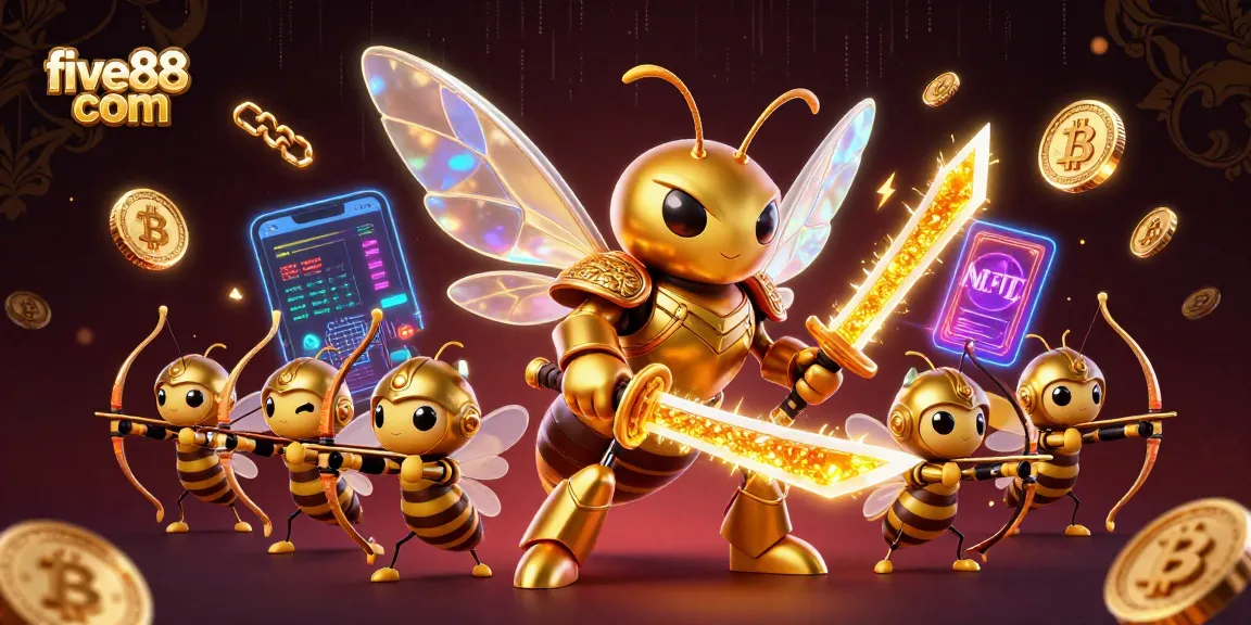 Engage with five88 com through this vibrant casino scene featuring a samurai hornet and crypto elements.