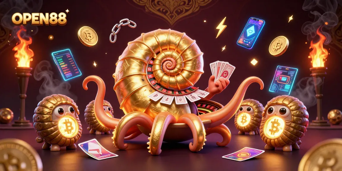 Engage with the immersive world of OPEN88, featuring a radiant nautilus roulette and vibrant crypto elements.