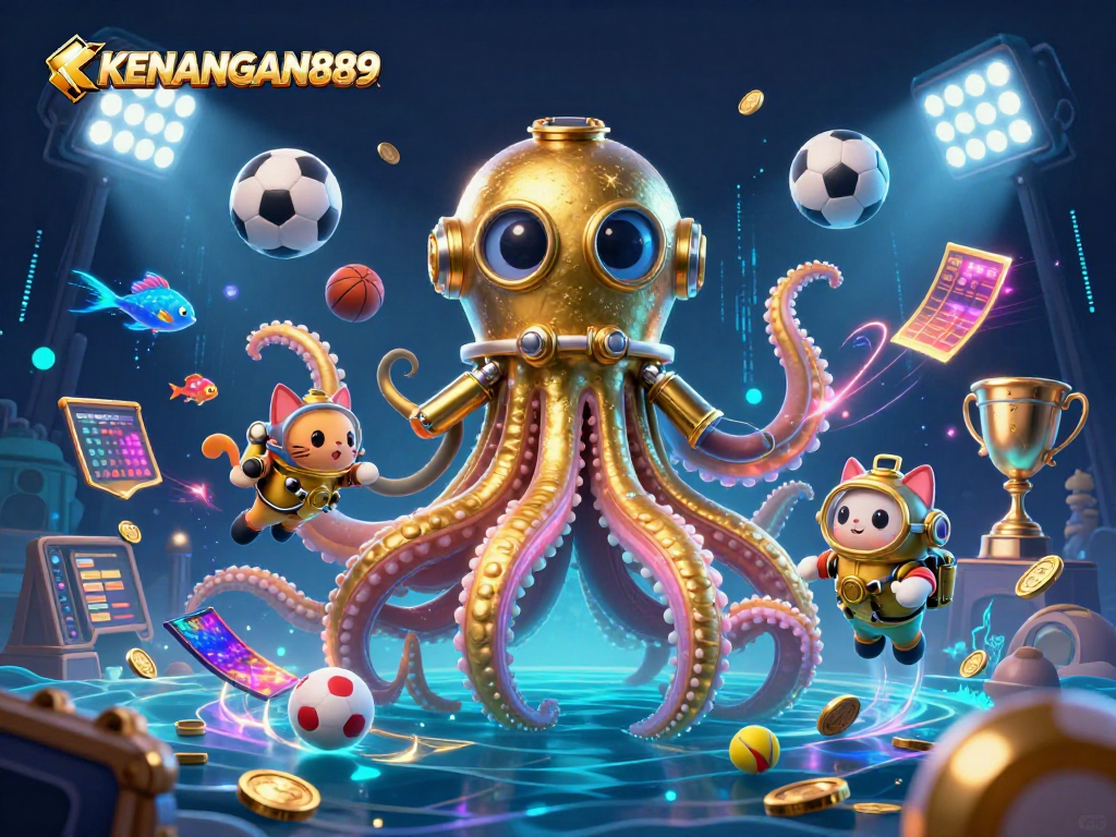 Experience KENANGAN889 as a colossal kraken and diving cat join an energetic sports betting scene.
