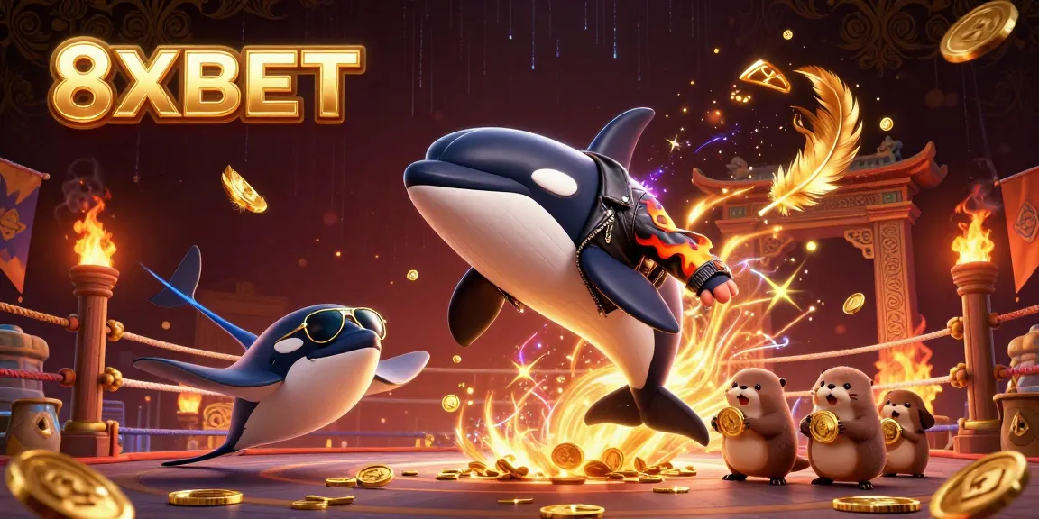 Engage with the vibrant 8XBET casino experience featuring cartoon characters celebrating wins amidst gold coins and betting tokens.